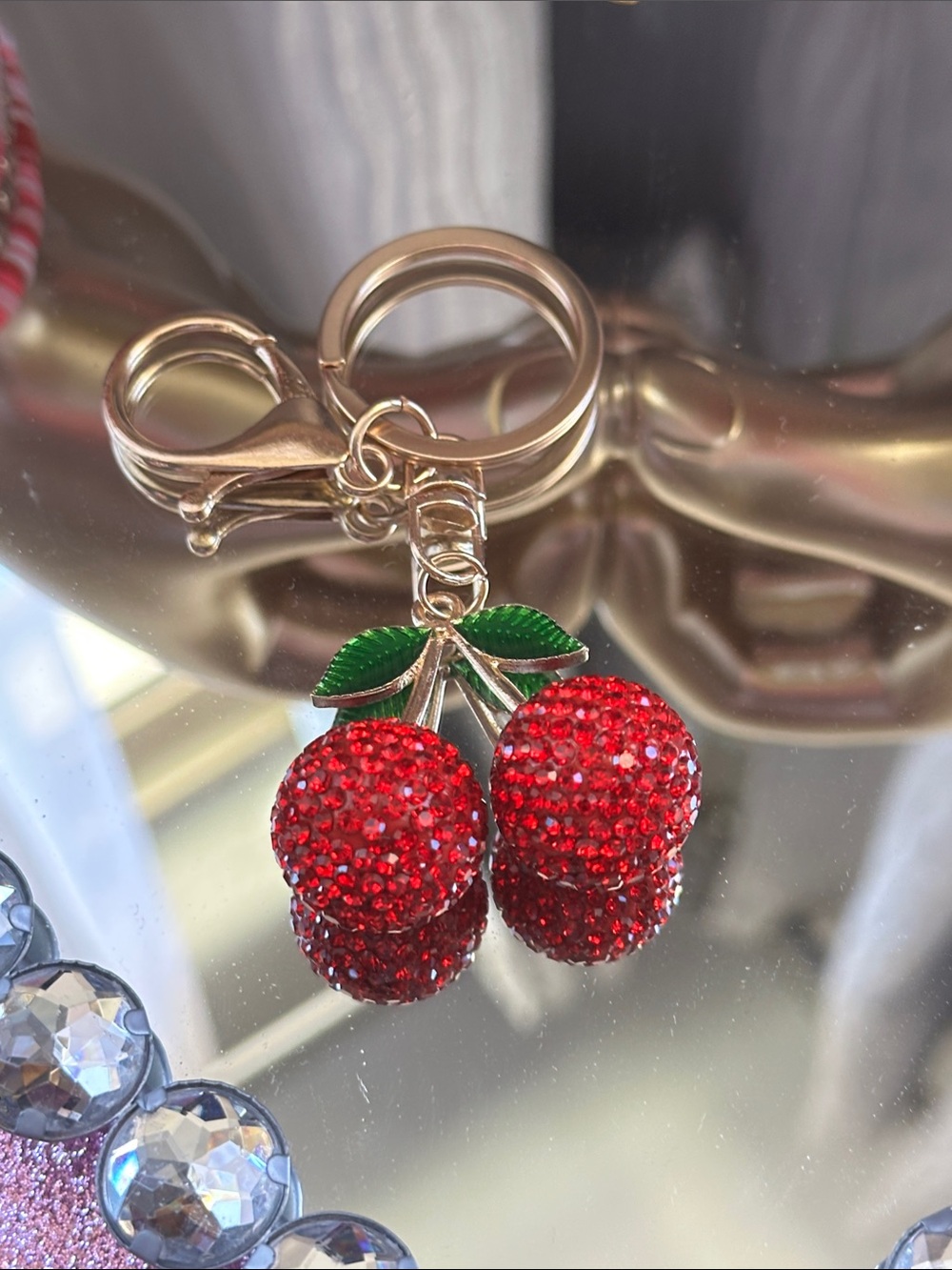 Unlisted Gold Cherry Keyring with Red Crystal Charms and Green Enamel Leaves